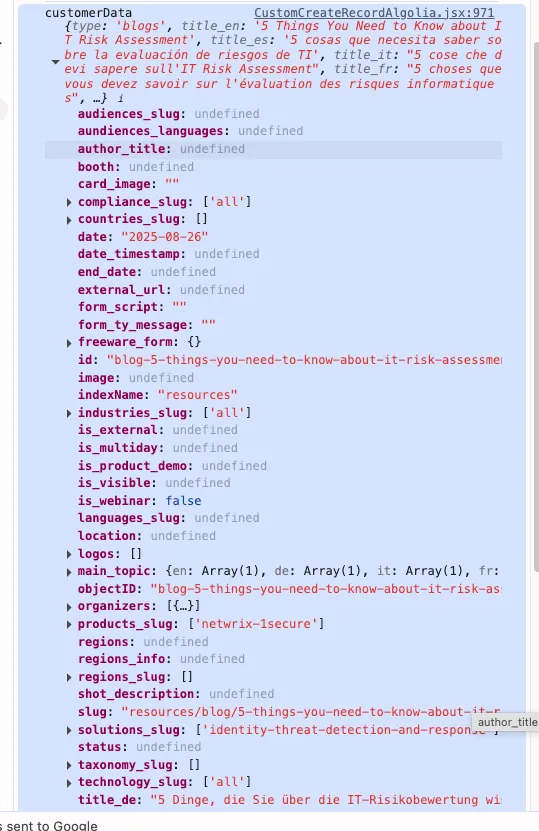 Object Sent to Algolia